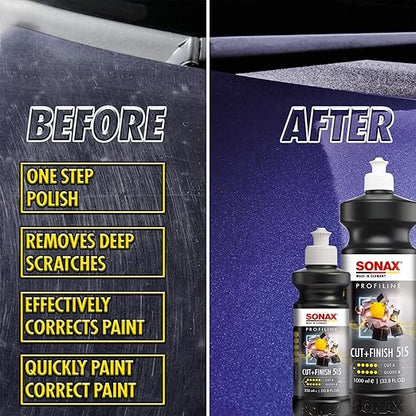 SONAX Cut & Finish 225300 | High Performing Polish/Compound | Rated 5 Cut & 5 Gloss | Removes Paint Defects, P1500 Sanding Marks & Water Spots | Long Work Time & Easy Wipe-Off | Silicone-Free | 1000ml