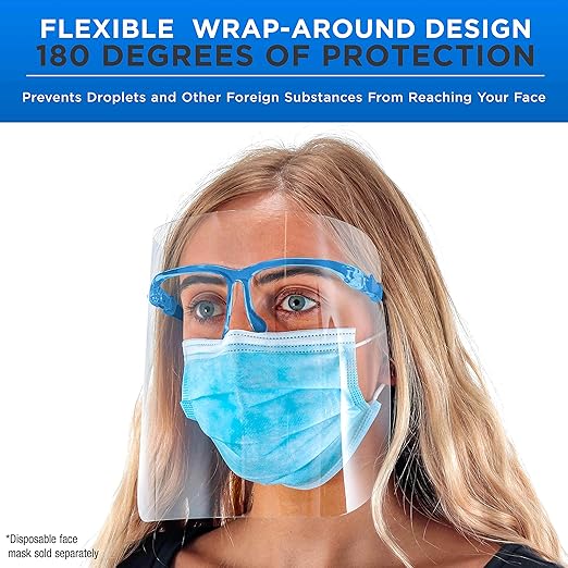 TCP Global Salon World Safety Face Shields with Blue Glasses Frames (Pack of 10) - Ultra Clear Protective Full Face Shields to Protect Eyes, Nose, Mouth - Anti-Fog PET Plastic, Goggles