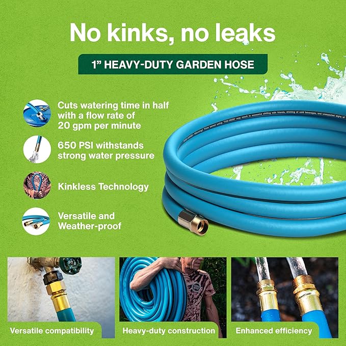 Aeromixer THE HOSE - 1 Inch Garden Hose 15 Ft, Kinkless Commercial Garden Hoses, Heavy Duty Industrial Water Hoses for Outdoors, 650 PSI High-Pressure Watering Tool for Farming and Gardening
