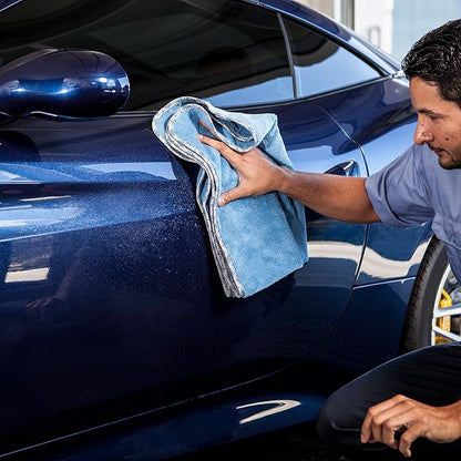 Detail Microfiber Car Towels Bulk (24"x 36") | 400 GSM | 80/20 Blend | Tagless | Soft Satin Piped Edges | All-Purpose Auto Detailing - Wax, Buff, Polish, Wash, Dry | Case of 64 (Blue)