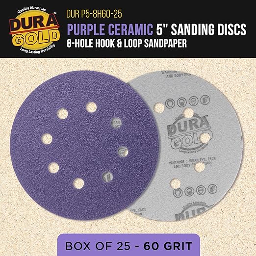 Dura-Gold Premium 60 Grit 5" Purple Film Ceramic Sanding Discs, 8-Hole Pattern, Box of 25 - Dustless Hook & Loop Backing Sandpaper for DA & Random Orbital Sanders - Sand Auto Paint, Wood, Woodworking