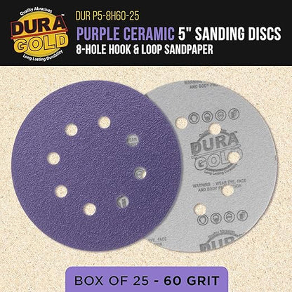 Dura-Gold Premium 60 Grit 5" Purple Film Ceramic Sanding Discs, 8-Hole Pattern, Box of 25 - Dustless Hook & Loop Backing Sandpaper for DA & Random Orbital Sanders - Sand Auto Paint, Wood, Woodworking