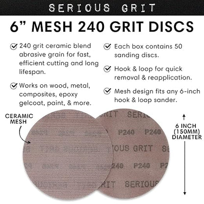 Serious Grit - 6-Inch 220 Grit Ceramic Mesh Sanding Discs - Hook & Loop Dust-Free Net Abrasive for Wood, Drywall, Paint, Auto Body - Long Life Ceramic Grain - Universal Fit 125mm Sandpaper - 50 Pack