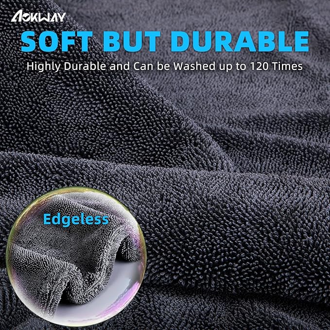 aokway Car Drying Towel from No Streaks, Scratches, or Water Spots - Large Premium 1300 GSM Microfiber - Double Twist Pile & Edgeless Design for Quick & Effortless Dry - 24” x 36”（1 Pack）