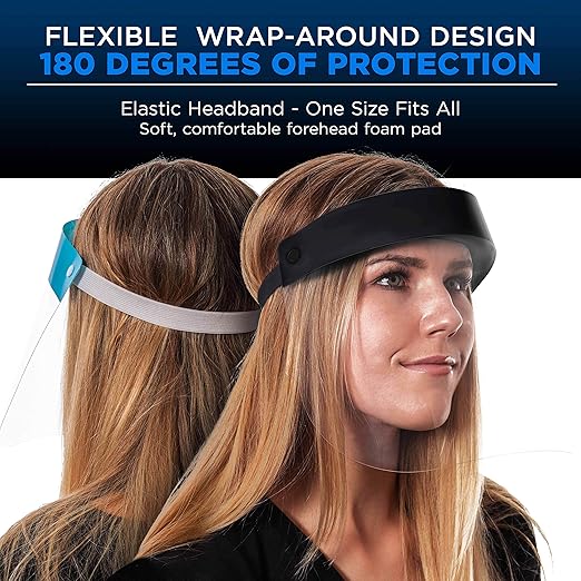 Salon World Safety Face Shields (100-Black & 100 Blue) - Ultra Clear Protective Full Face Shields to Protect Eyes, Nose and Mouth - Anti-Fog PET Plastic, Elastic Headband - Sanitary Droplet Guard