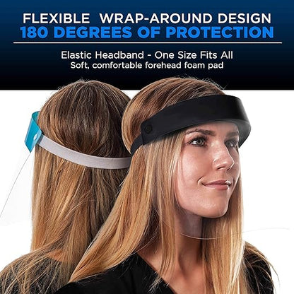 Salon World Safety Face Shields (100-Black & 100 Blue) - Ultra Clear Protective Full Face Shields to Protect Eyes, Nose and Mouth - Anti-Fog PET Plastic, Elastic Headband - Sanitary Droplet Guard