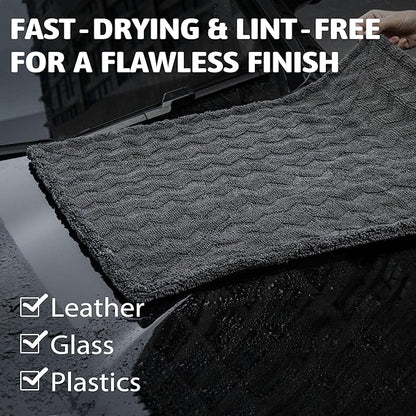 Greenfound Microfiber Towel for Cars, 1000GSM Car Drying Towel, Double Twist Pile & Edgeless Design, No Streaks, Scratches, or Water Spots, Soft and Absorbent, 18"×24", Wave Grey