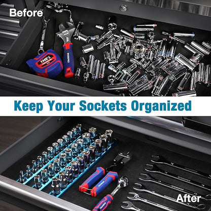WORKPRO Magnetic Socket Organizer, 3/8-Inch Drive Aluminum Alloy Socket Rail, Heavy Duty Socket Holder, Socket Rack Kit 3/8-Inch x 10 Clips Sky Blue (Socket not Included)