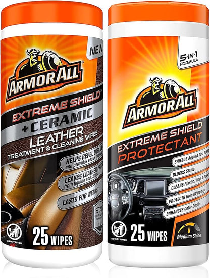 Armor All Ceramic Car Leather Cleaning Wipes, Use on Heated Seats and Leather Surfaces, Includes Ceramic Leather and Extreme Protectant Wipes - 2 Count