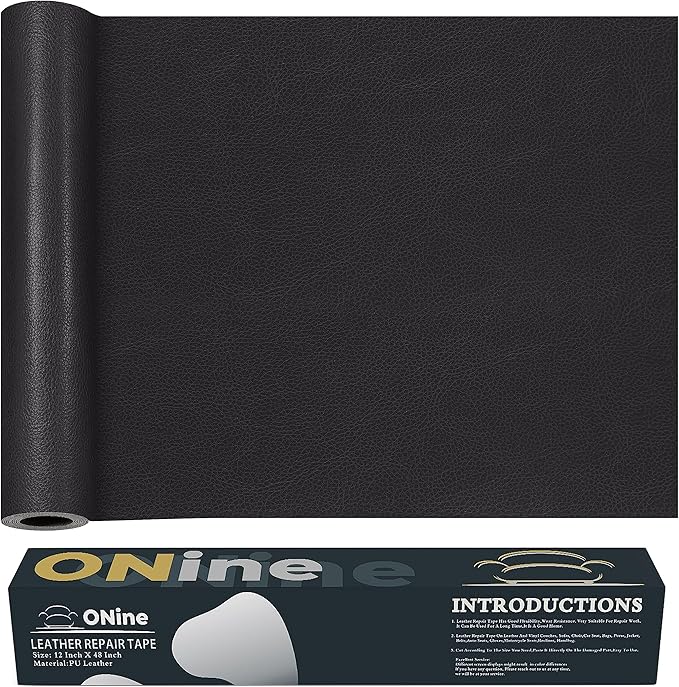 ONine Leather Repair Patch，Leather Repair Tape, 12 x 48 inches Leather Repair Patch for Furniture,Vinyl Repair Kit，Leather Couch Patch，for Sofas, Furniture, Car Seats, Office Chairs(Dark Grey Leather)