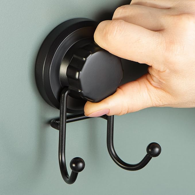HASKO Suction Cup Hook for Shower, Stainless Steel Bathroom Suction Towel Hooks Hanger, Organizer for Towel, Bathrobe and Loofah, Includes Optional No Drill Adhesive Mount for Inside Shower, Black