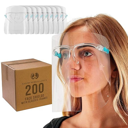 TCP Global Salon World Safety 200 Face Shields with Glasses Frames (20 Packs of 10) - Ultra Clear Protective Full Face to Protect Eyes, Nose, Mouth - Anti-Fog PET Plastic Sanitary Droplet Guard