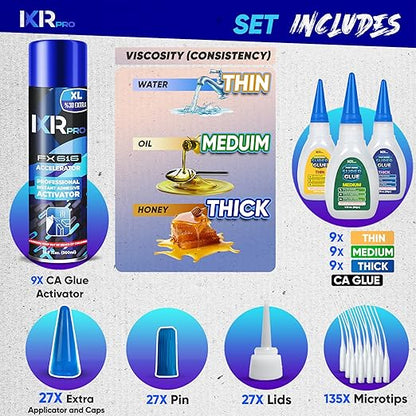 CA Glue with Activator Kit (27x1.75 oz. Thin-Medium-Thick + 9x16.9 fl.oz.) Cyanoacrylate Glue and Activator, Super Glue Accelerator, Super Glue for Wood, Woodworking, Plastic, Guitar, 3D Printing