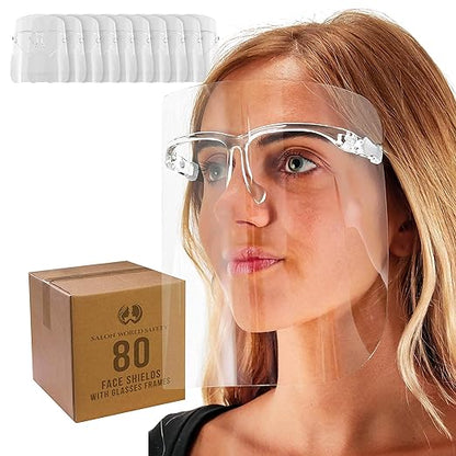 TCP Global Salon World Safety Face Shields with All Clear Glasses Frames (Case of 80) - Ultra Clear Protective Full Face Shields to Protect Eyes, Nose, Mouth - Anti-Fog PET Plastic, Goggles