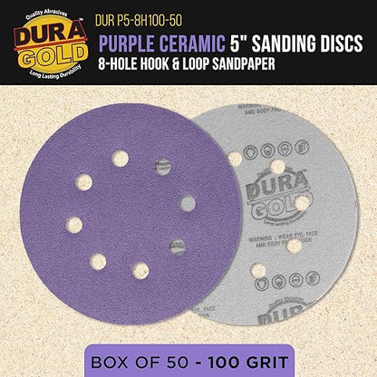 Dura-Gold Premium 100 Grit 5" Purple Film Ceramic Sanding Discs, 8-Hole Pattern, Box of 50 - Dustless Hook & Loop Backing Sandpaper for DA & Random Orbital Sanders - Sand Auto Paint, Wood, Woodworking