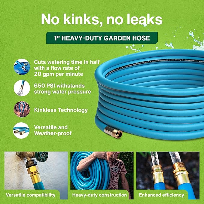 Aeromixer THE HOSE - 1 Inch Garden Hose 100 Ft, Includes Adapters 3/4 Spigots, Kinkless Commercial Garden Hoses, Heavy Duty Water Hoses for Outdoors, 650 PSI High-Pressure Watering Tool