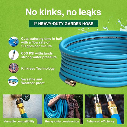 Aeromixer THE HOSE - 1 Inch Garden Hose 100 Ft, Includes Adapters 3/4 Spigots, Kinkless Commercial Garden Hoses, Heavy Duty Water Hoses for Outdoors, 650 PSI High-Pressure Watering Tool