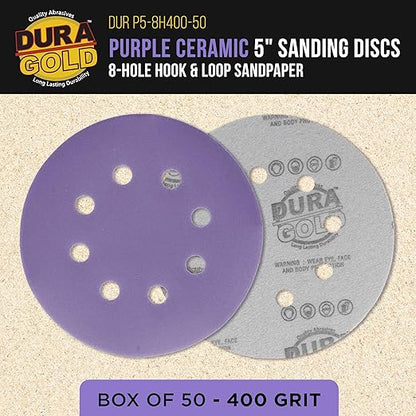 Dura-Gold Premium 400 Grit 5" Purple Film Ceramic Sanding Discs, 8-Hole Pattern, Box of 50 - Dustless Hook & Loop Backing Sandpaper for DA & Random Orbital Sanders - Sand Auto Paint, Wood, Woodworking