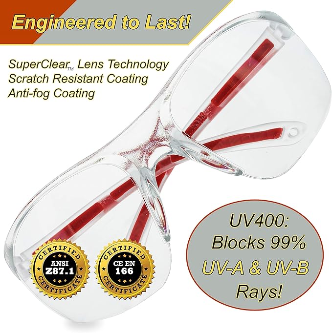 Safety Glasses Eye Protection - Comfort Eyewear - 2 Pair, 2 Neck Cords, 2 Cases - SuperLite and Super Clear Lens Technology, Z87.1 - CE 166 Certified