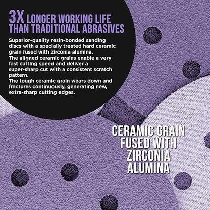 Dura-Gold Premium 5" Purple Film Ceramic Sanding Discs, 8-Hole Pattern, 50 Disc Variety Pack, Grits 60, 80, 120, 180, 220, 320, 400, 600, 800, 1000 - Hook & Loop Sandpaper, DA & Random Orbital Sander