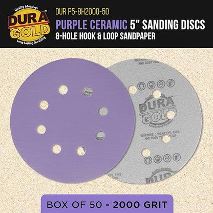 Dura-Gold Premium 2000 Grit 5" Purple Film Ceramic Sanding Discs, 8-Hole Pattern, Box of 50 - Dustless Hook & Loop Backing Sandpaper for DA & Random Orbital Sanders - Detail Color Sand Auto Paint Wood
