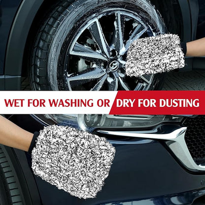 TAKAVU Microfiber Cleaning Mitt, 2 Pack Premium Cyclone Car Washing Gloves, Scratch-Free Lint-Free Wash Mitts, Holds Tons of Sudsy Water for Effective Washing, Machine Washable (Black & White)