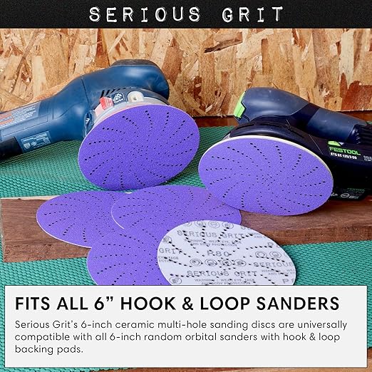 Serious Grit 6-Inch Assorted Grit Ceramic Multi-Hole Hook & Loop Sanding Discs - Advanced Grain for Fast Cutting & Long Life - Film-Backed Universal Fit Sandpaper for 6-in Sanders - 50 Pack Box