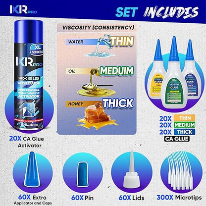 CA Glue with Activator Kit (60x1.75 oz. Thin-Medium-Thick + 20x16.9 fl.oz.) Cyanoacrylate Glue and Activator, Super Glue Accelerator, Super Glue for Wood, Woodworking, Plastic, Guitar, 3D Printing