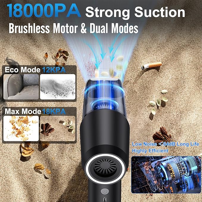 Fanisic Car Vacuum Handheld Vacuum Cleaner/Air Duster, 18000PA Strong Suction with Brushless Motor, Rechargeable Dust Buster/Hand Pump Low Noise for Car Detailing Home Office Cleaning