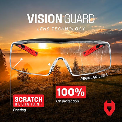 NoCry Safety Glasses That Fit Over Your Prescription Eyewear. Clear Anti-Scratch Wraparound Lenses, UV400 Protection, ANSI Z87 & OSHA Certified. Use in the Lab, Travelling, Black & Red (10-pack)