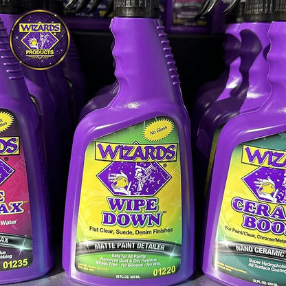 Wizards - Wipe Down Quick Detailer Spray - Matte Finish Cleaning Solution - Effortless On-The-Go Detailing for Flat, Suede, and Denim Surfaces - Professional Auto and Motorcycle Care Essential - 22 Oz