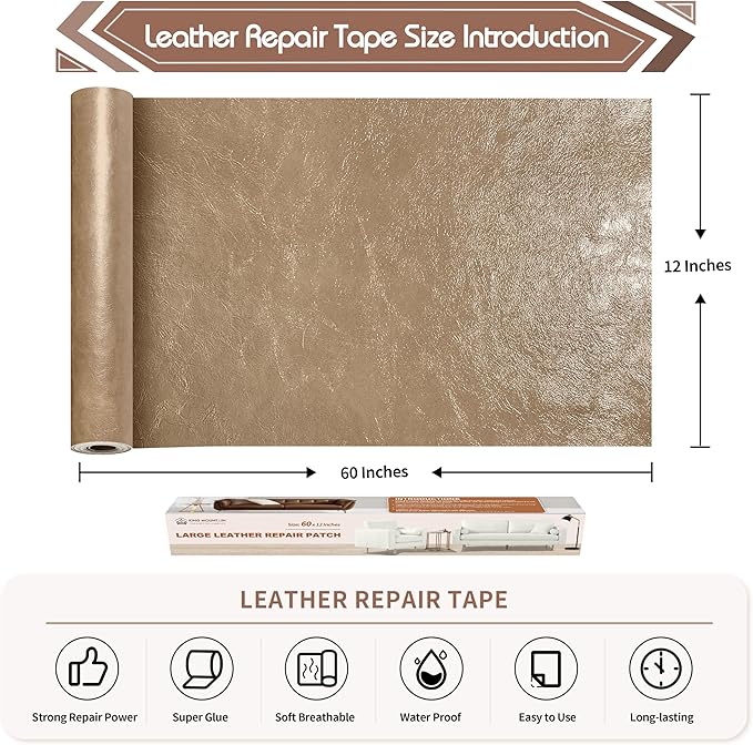 KING MOUNTAIN Leather Repair Patch,12 x 60 Inches self Adhesive Leather Repair Tape for Damaged Leather Furniture, Sofa Seating,Car Seats, Leather Goods（Khaki）