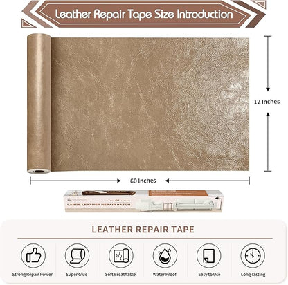 KING MOUNTAIN Leather Repair Patch,12 x 60 Inches self Adhesive Leather Repair Tape for Damaged Leather Furniture, Sofa Seating,Car Seats, Leather Goods（Khaki）
