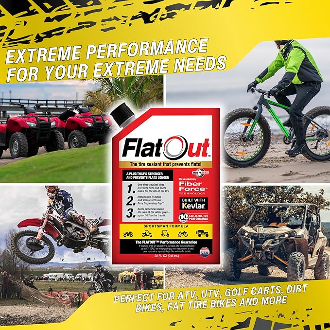 FlatOut Sportsman Formula Tire Sealant - Prevents Flat Tires - Fix a Flat Tire - Seals Leaks - Contains Kevlar - Tubeless Tire Sealant - 32 Ounce Bag - Pack of 2
