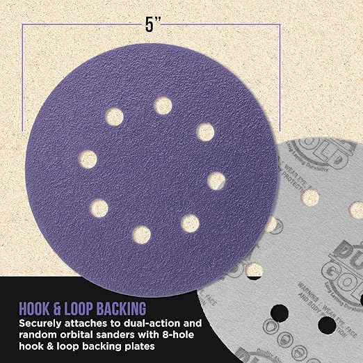 Dura-Gold Premium 60 Grit 5" Purple Film Ceramic Sanding Discs, 8-Hole Pattern, Box of 25 - Dustless Hook & Loop Backing Sandpaper for DA & Random Orbital Sanders - Sand Auto Paint, Wood, Woodworking