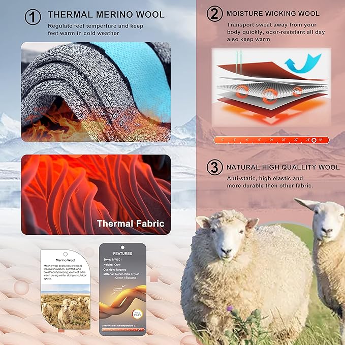 Merino Wool Ski Socks 2 Pairs for Mens Womens Knee High Thermal Snowboarding Socks for Cold Weather