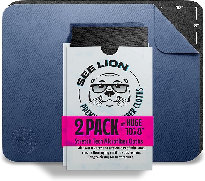 cellhelmet See Lion Swipes | Microfiber Lens Cleaning Cloths – Ultrasoft, Reusable Wipes for Glasses, Screens, and Lenses (Black/Navy, 2-Pack)