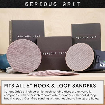 Serious Grit - 6-Inch 120 Grit Ceramic Mesh Sanding Discs - Hook & Loop Dust-Free Net Abrasive for Wood, Drywall, Paint, Auto Body - Long Life Ceramic Grain - Universal Fit 125mm Sandpaper - 50 Pack