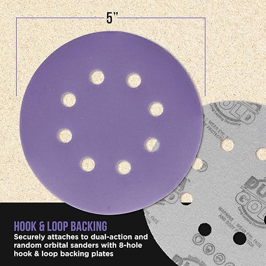 Dura-Gold Premium 800 Grit 5" Purple Film Ceramic Sanding Discs, 8-Hole Pattern, Box of 50 - Dustless Hook & Loop Backing Sandpaper for DA & Random Orbital Sanders - Sand Auto Paint, Wood, Woodworking
