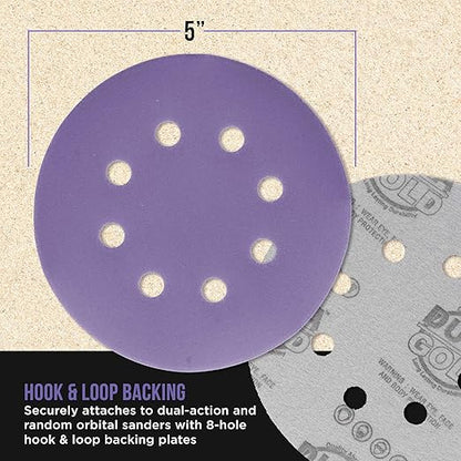 Dura-Gold Premium 800 Grit 5" Purple Film Ceramic Sanding Discs, 8-Hole Pattern, Box of 50 - Dustless Hook & Loop Backing Sandpaper for DA & Random Orbital Sanders - Sand Auto Paint, Wood, Woodworking