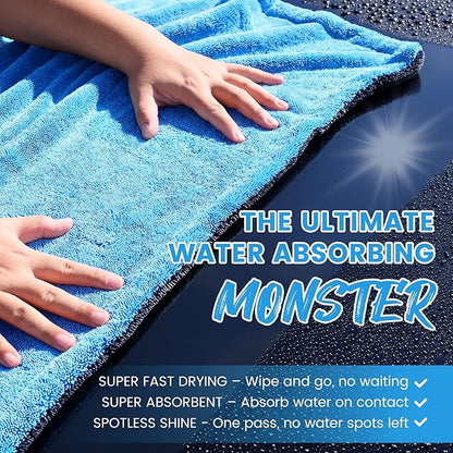 PUGPIU Car Drying Towel - 1400GSM Extra Large Super Absorbent Microfiber Towels for Cars 24"x36" - Large Edgeless with Twisted Loop, Lint-Free & Streak-Free for Auto Detailing, SUV, Truck (Blue)