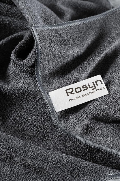 Rosyn Premium 420 GSM Microfiber Cloth Black 16x16 Inches - Luxury Scratch-Free Detailing Towel for Cars, Yachts, Boats & Watches - Ultra Soft, Lint-Free, Highly Absorbent (Large, 24, Count)