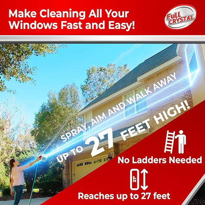 Full Crystal Window Cleaning Kit- 4 oz Glass Cleaner and Bottle with 27ft Reach will clean up to 20 Windows- Scrub Free, Rinse Free Glass Cleaner Spray Removes Dirt, Grime and Water Deposits