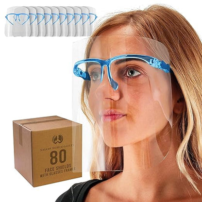TCP Global Salon World Safety Face Shields with Blue Glasses Frames (Case of 80) - Ultra Clear Protective Full Face Shields to Protect Eyes, Nose, Mouth - Anti-Fog PET Plastic, Goggles