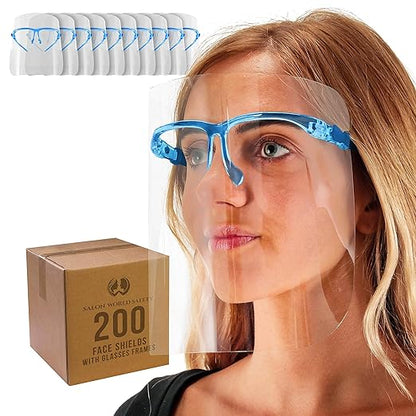 TCP Global Salon World Safety Face Shields with Blue Glasses Frames (Case of 200) - Ultra Clear Protective Full Face Shields to Protect Eyes, Nose, Mouth - Anti-Fog PET Plastic, Goggles