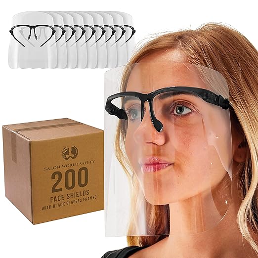 TCP Global Salon World Safety Face Shields with Black Glasses Frames (20 Packs of 10) - Ultra Clear Protective Full Face Shields to Protect Eyes, Nose, Mouth - Anti-Fog PET Plastic, Goggles