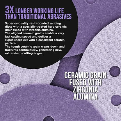 Dura-Gold Premium 180 Grit 5" Purple Film Ceramic Sanding Discs, 8-Hole Pattern, Box of 50 - Dustless Hook & Loop Backing Sandpaper for DA & Random Orbital Sanders - Sand Auto Paint, Wood, Woodworking