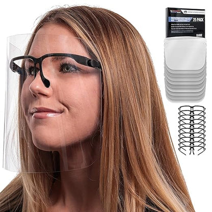 TCP Global Salon World Safety Face Shields with Black Glasses Frames (Pack of 25) - Ultra Clear Protective Full Face Shields to Protect Eyes, Nose, Mouth - Anti-Fog PET Plastic, Goggles
