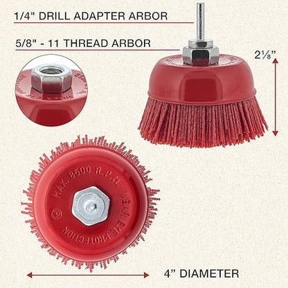 Dura-Gold 4" Abrasive Filament Nylon Bristle Cup Brush - 5/8" 11 Thread, 1/4" Hex Drill Shank Arbor, Coarse Grit Angle Grinder Brush for Truck Bed Liner Surface Prep, Sanding, Rust & Paint Removal