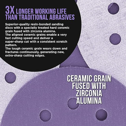 Dura-Gold Premium 220 Grit 5" Purple Film Ceramic Sanding Discs, 8-Hole Pattern, Box of 50 - Dustless Hook & Loop Backing Sandpaper for DA & Random Orbital Sanders - Sand Auto Paint, Wood, Woodworking